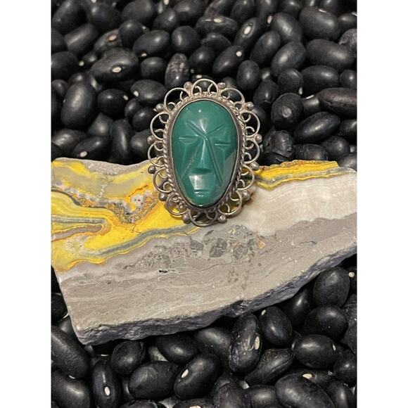 Mexico Sterling Silver Carved Green Onyx Aztec Mayan Face Ring🌵Size 6 - Picture 3 of 8